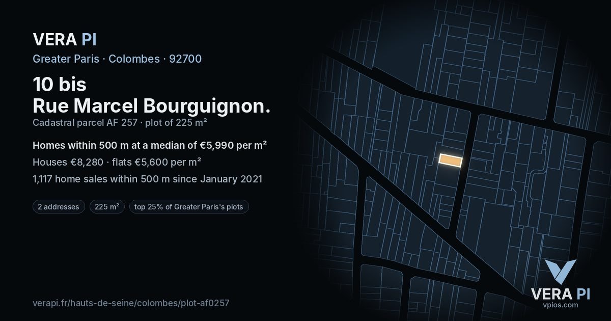 10 bis Rue Marcel Bourguignon, Colombes at night – the plot lit, the parcels around coloured by the prices near them