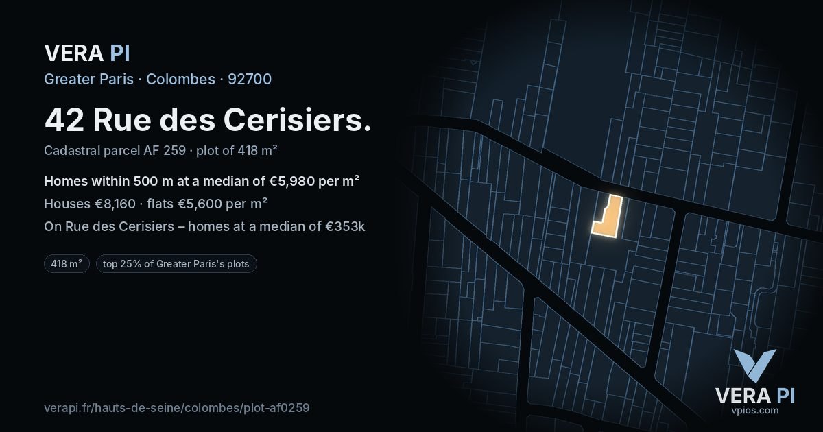 42 Rue des Cerisiers, Colombes at night – the plot lit, the parcels around coloured by the prices near them