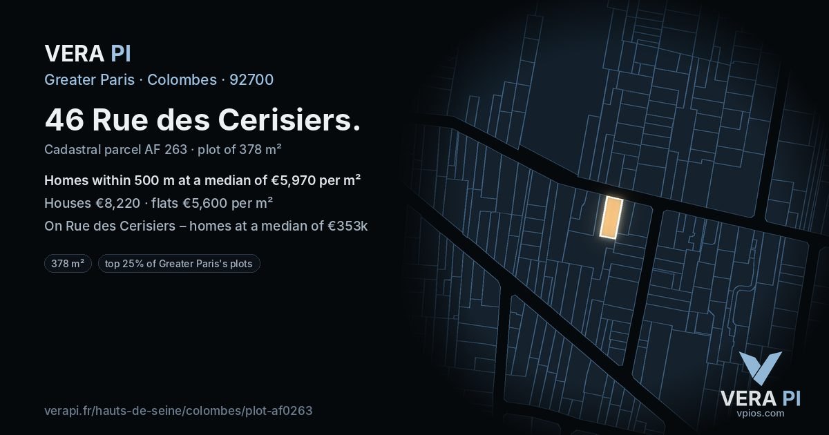 46 Rue des Cerisiers, Colombes at night – the plot lit, the parcels around coloured by the prices near them