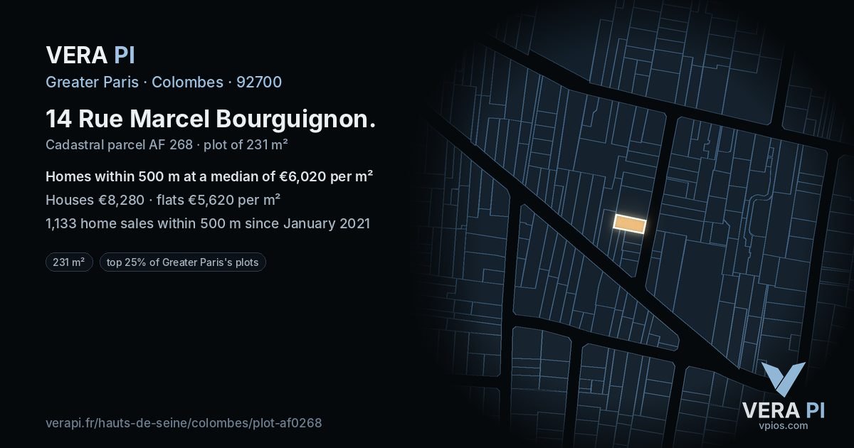 14 Rue Marcel Bourguignon, Colombes at night – the plot lit, the parcels around coloured by the prices near them