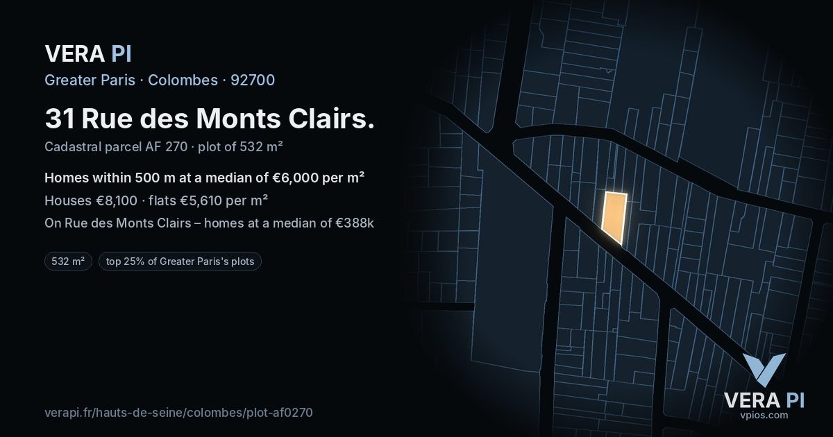 31 Rue des Monts Clairs, Colombes at night – the plot lit, the parcels around coloured by the prices near them