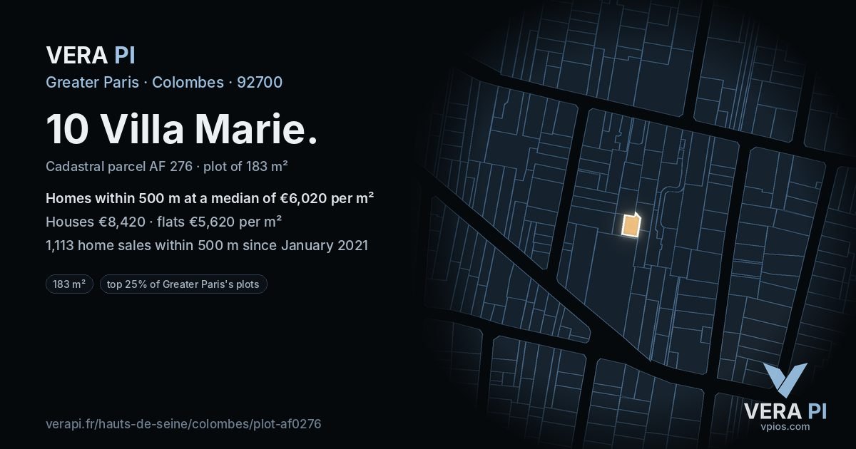 10 Villa Marie, Colombes at night – the plot lit, the parcels around coloured by the prices near them