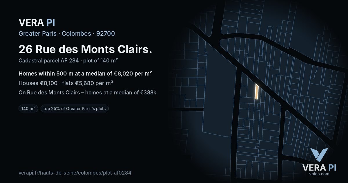 26 Rue des Monts Clairs, Colombes at night – the plot lit, the parcels around coloured by the prices near them