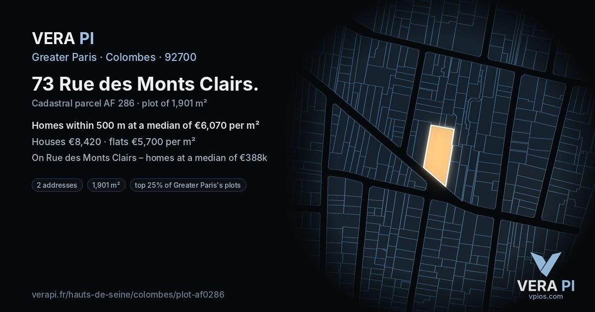 73 Rue des Monts Clairs, Colombes at night – the plot lit, the parcels around coloured by the prices near them
