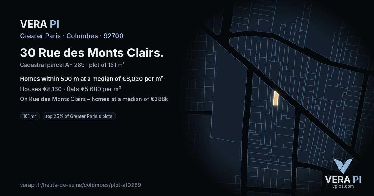 30 Rue des Monts Clairs, Colombes at night – the plot lit, the parcels around coloured by the prices near them