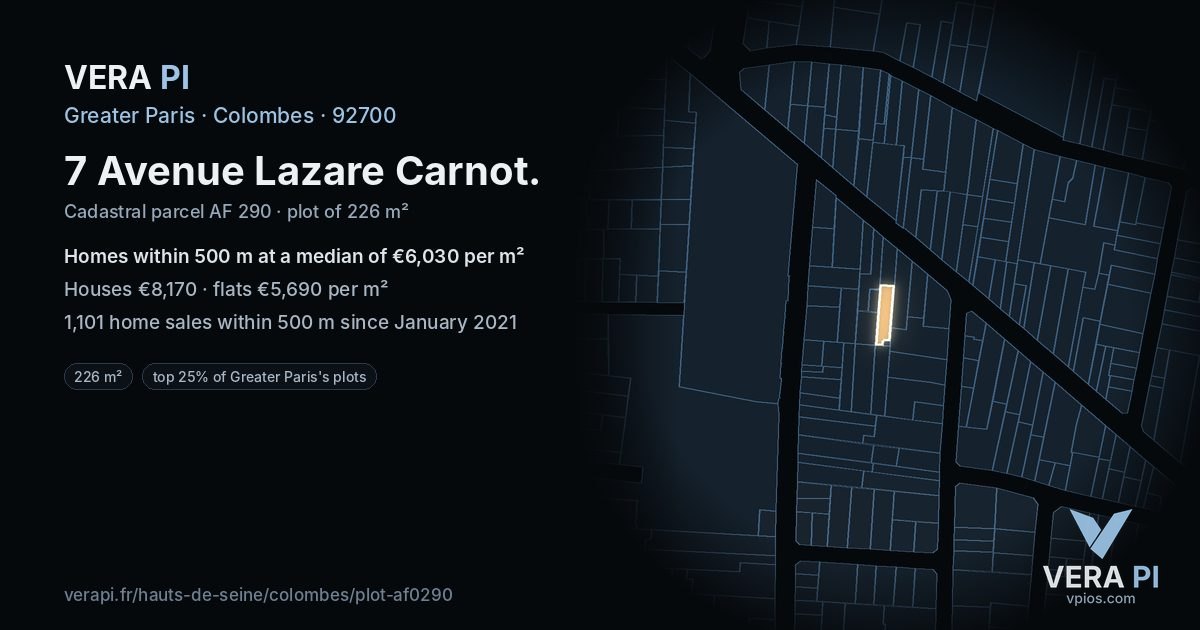 7 Avenue Lazare Carnot, Colombes at night – the plot lit, the parcels around coloured by the prices near them