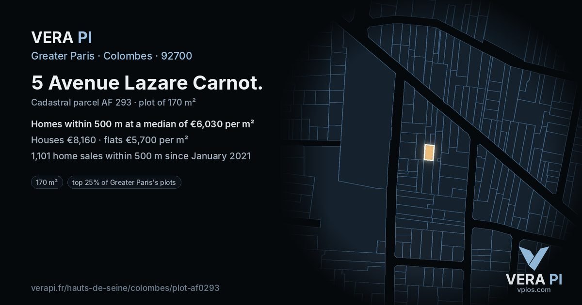 5 Avenue Lazare Carnot, Colombes at night – the plot lit, the parcels around coloured by the prices near them