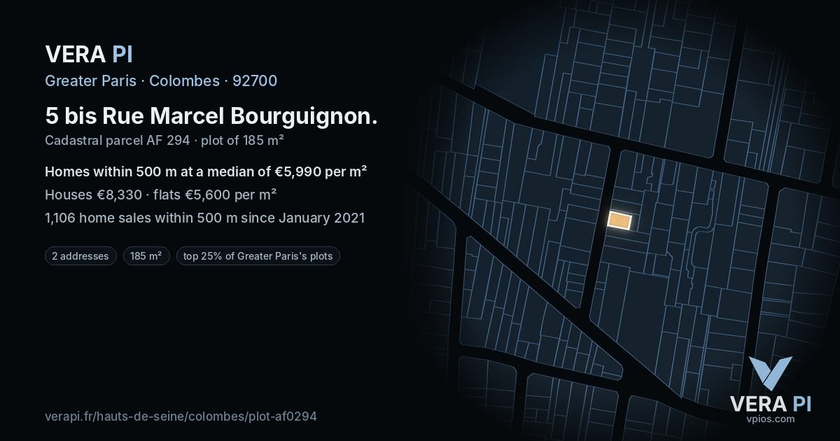 5 bis Rue Marcel Bourguignon, Colombes at night – the plot lit, the parcels around coloured by the prices near them