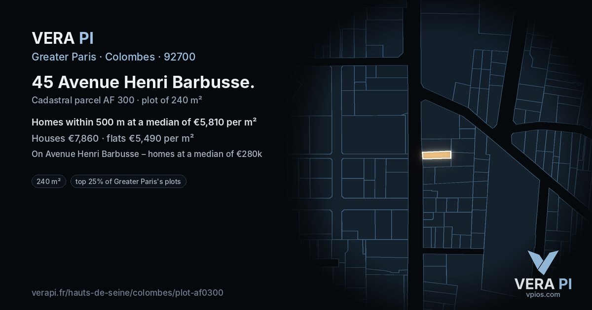45 Avenue Henri Barbusse, Colombes at night – the plot lit, the parcels around coloured by the prices near them