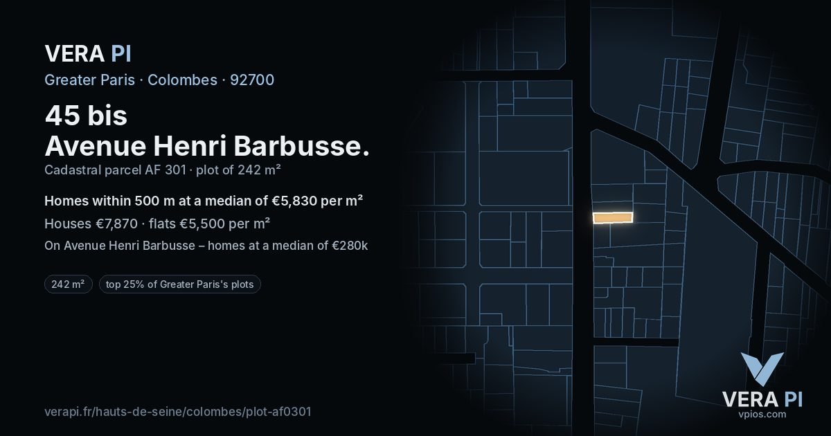 45 bis Avenue Henri Barbusse, Colombes at night – the plot lit, the parcels around coloured by the prices near them