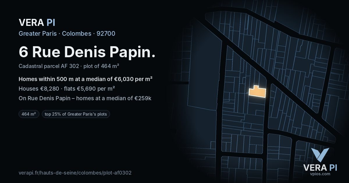 6 Rue Denis Papin, Colombes at night – the plot lit, the parcels around coloured by the prices near them