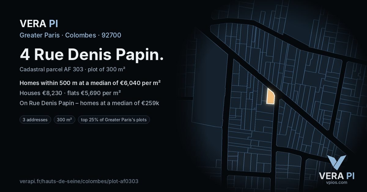 4 Rue Denis Papin, Colombes at night – the plot lit, the parcels around coloured by the prices near them