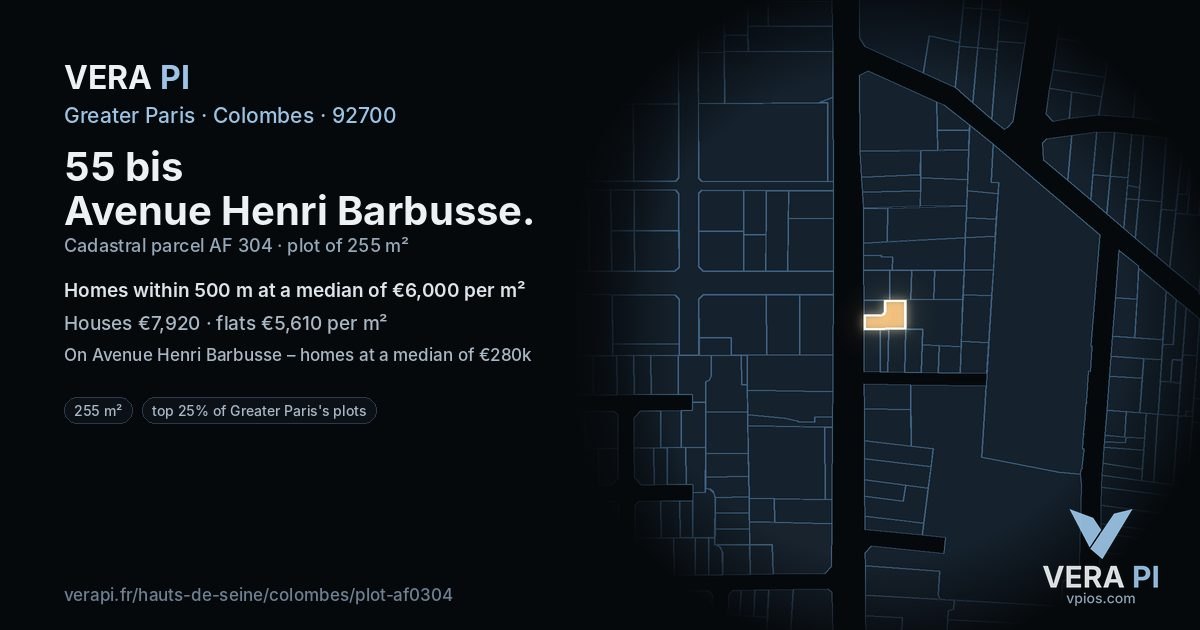 55 bis Avenue Henri Barbusse, Colombes at night – the plot lit, the parcels around coloured by the prices near them