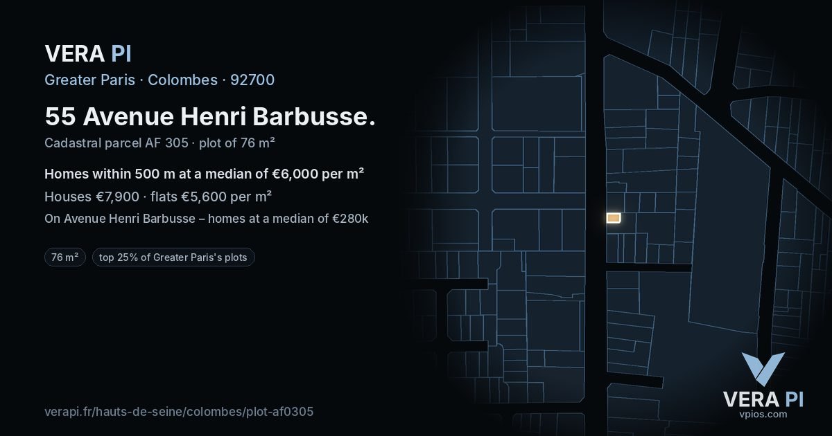 55 Avenue Henri Barbusse, Colombes at night – the plot lit, the parcels around coloured by the prices near them