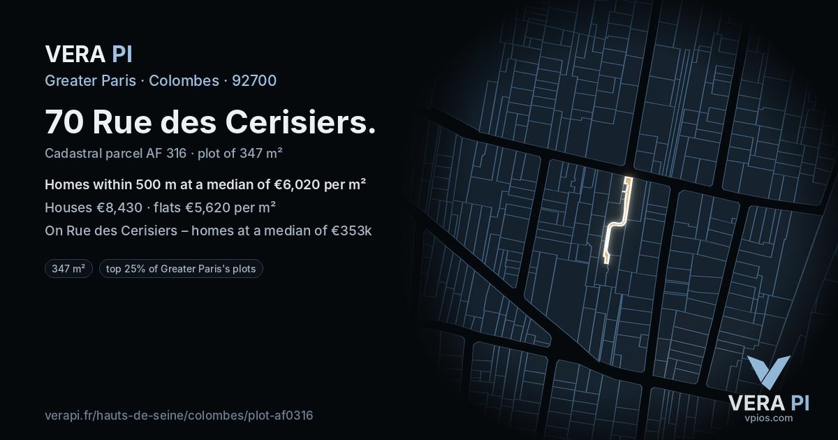 70 Rue des Cerisiers, Colombes at night – the plot lit, the parcels around coloured by the prices near them