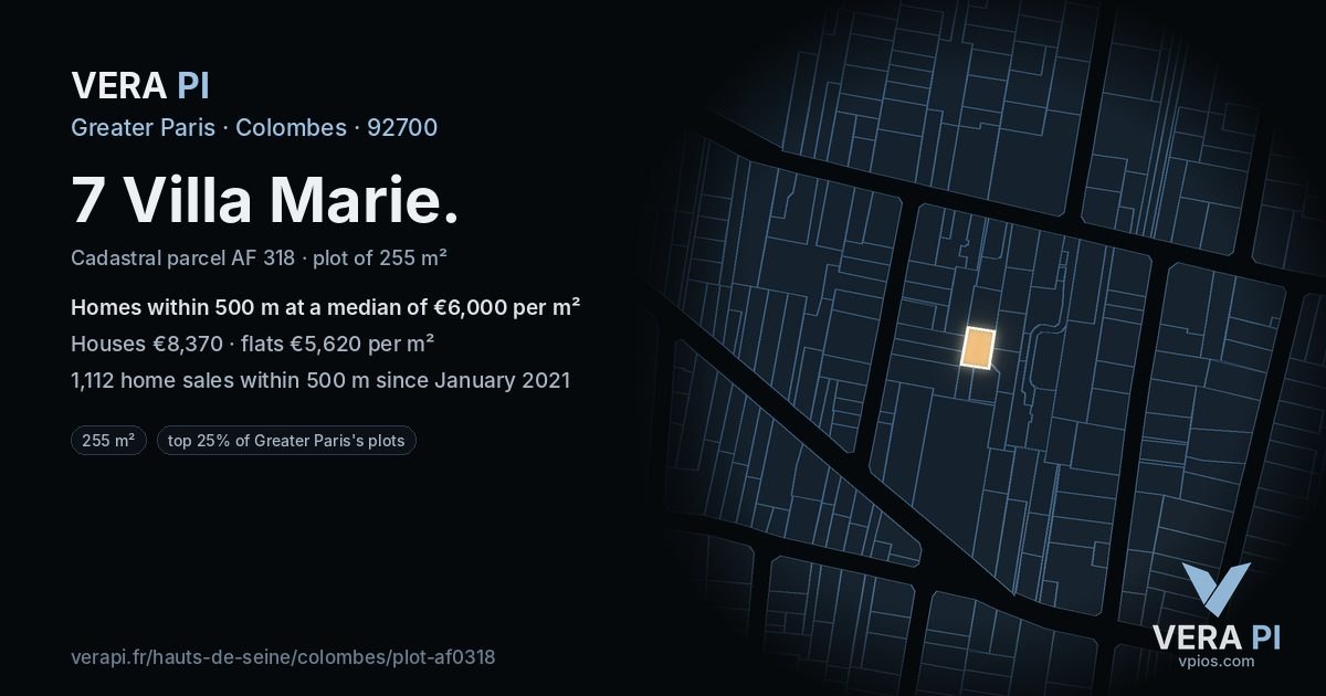 7 Villa Marie, Colombes at night – the plot lit, the parcels around coloured by the prices near them