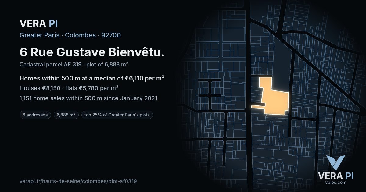 6 Rue Gustave Bienvêtu, Colombes at night – the plot lit, the parcels around coloured by the prices near them