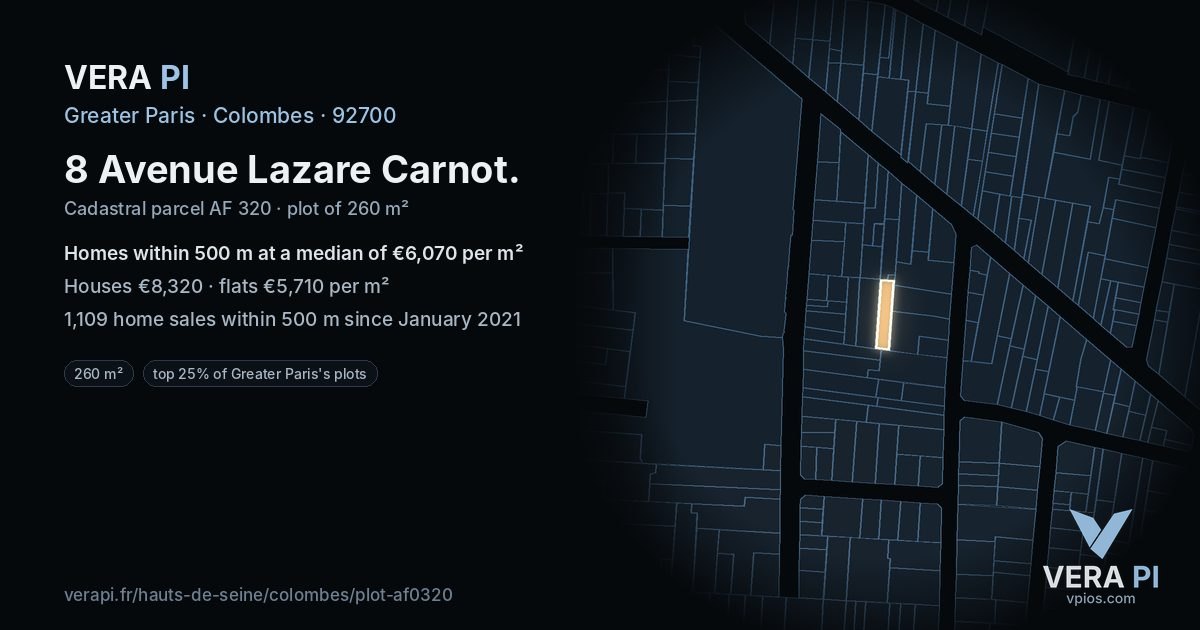 8 Avenue Lazare Carnot, Colombes at night – the plot lit, the parcels around coloured by the prices near them