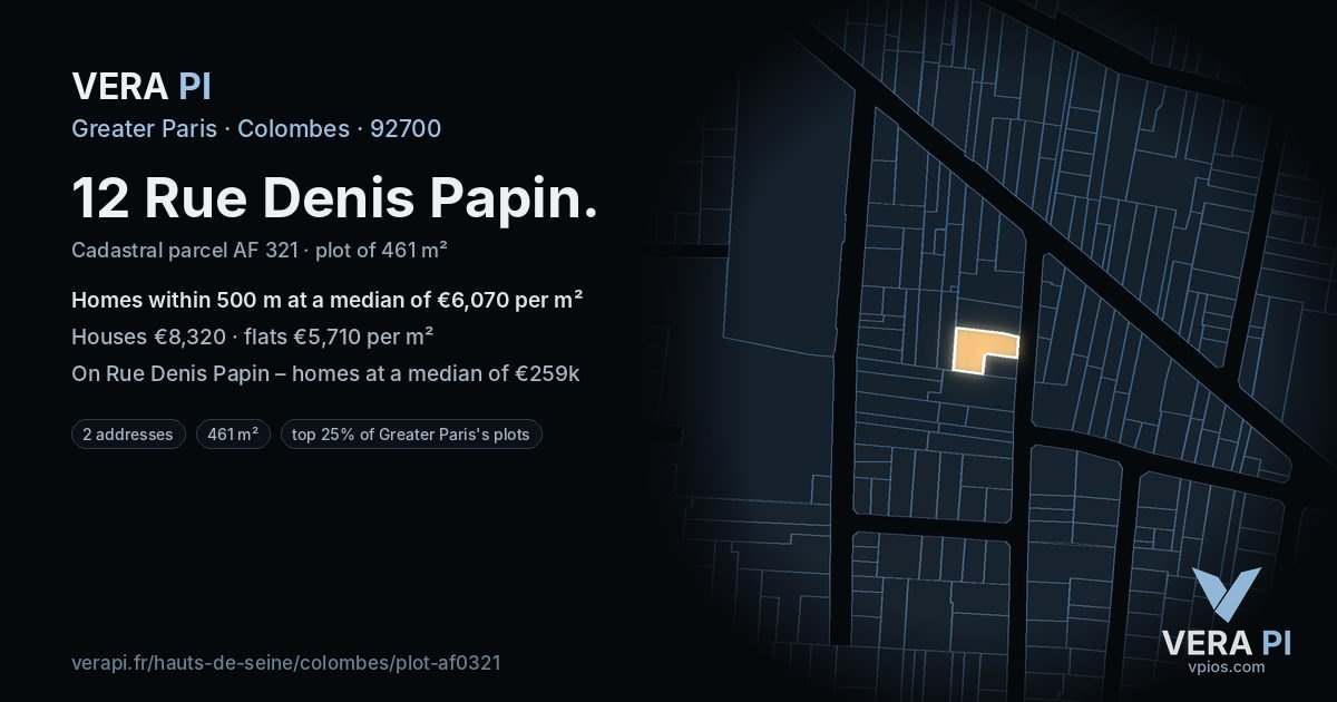 12 Rue Denis Papin, Colombes at night – the plot lit, the parcels around coloured by the prices near them