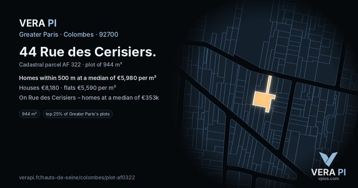 44 Rue des Cerisiers, Colombes at night – the plot lit, the parcels around coloured by the prices near them