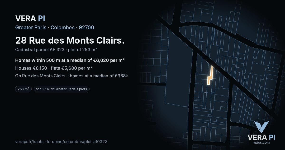 28 Rue des Monts Clairs, Colombes at night – the plot lit, the parcels around coloured by the prices near them