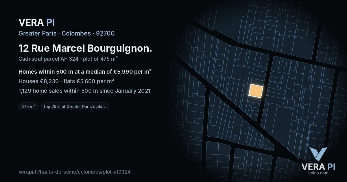 12 Rue Marcel Bourguignon, Colombes at night – the plot lit, the parcels around coloured by the prices near them