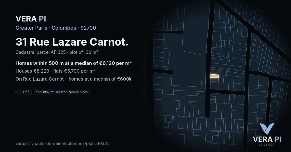 31 Rue Lazare Carnot, Colombes at night – the plot lit, the parcels around coloured by the prices near them