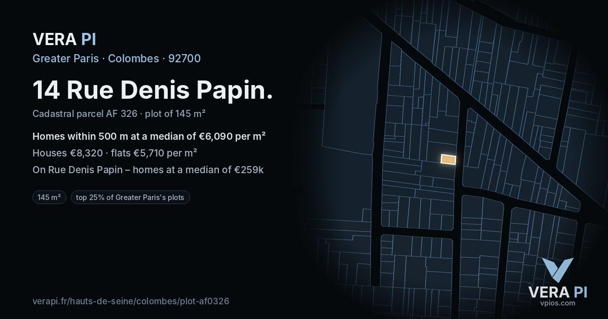 14 Rue Denis Papin, Colombes at night – the plot lit, the parcels around coloured by the prices near them