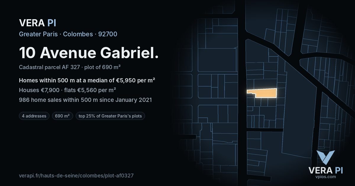 10 Avenue Gabriel, Colombes at night – the plot lit, the parcels around coloured by the prices near them