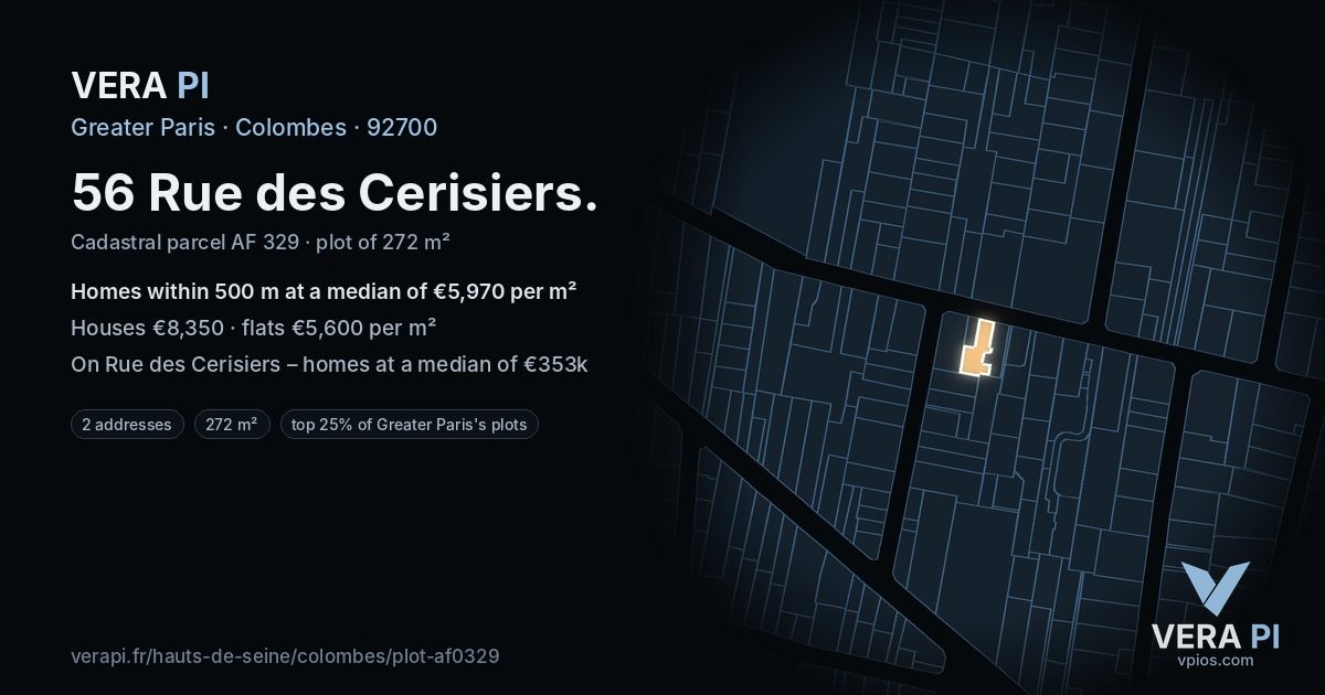 56 Rue des Cerisiers, Colombes at night – the plot lit, the parcels around coloured by the prices near them