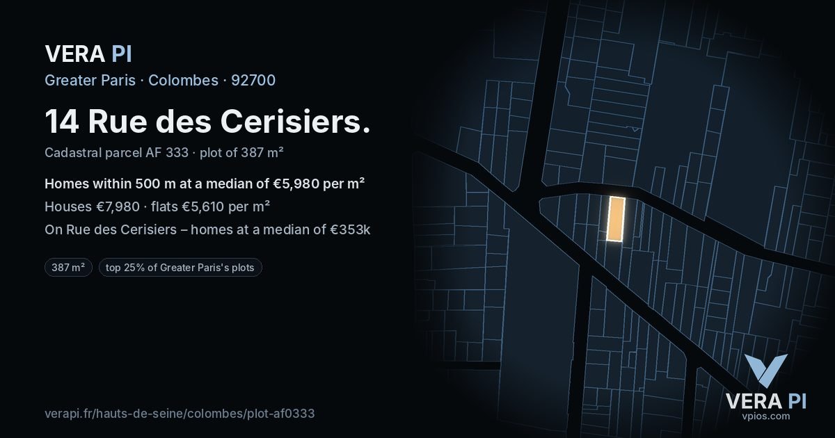 14 Rue des Cerisiers, Colombes at night – the plot lit, the parcels around coloured by the prices near them
