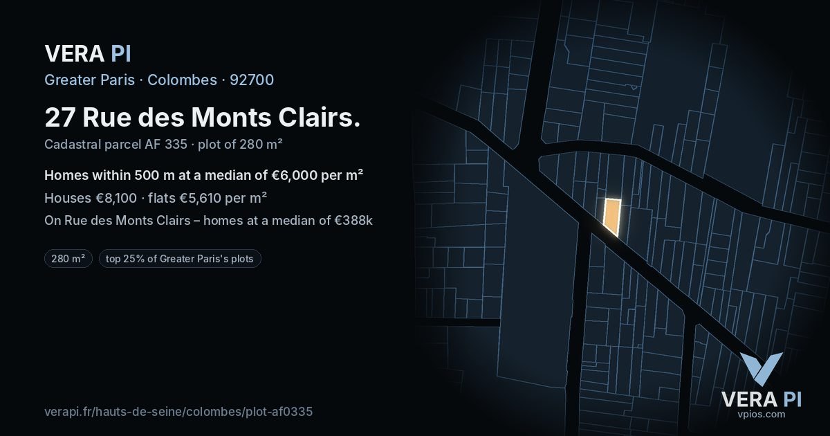 27 Rue des Monts Clairs, Colombes at night – the plot lit, the parcels around coloured by the prices near them
