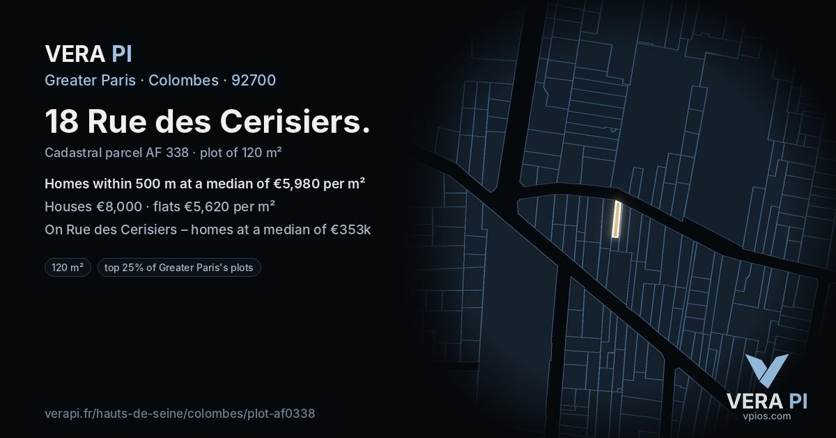 18 Rue des Cerisiers, Colombes at night – the plot lit, the parcels around coloured by the prices near them