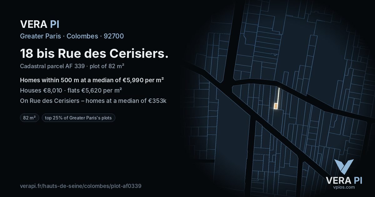 18 bis Rue des Cerisiers, Colombes at night – the plot lit, the parcels around coloured by the prices near them