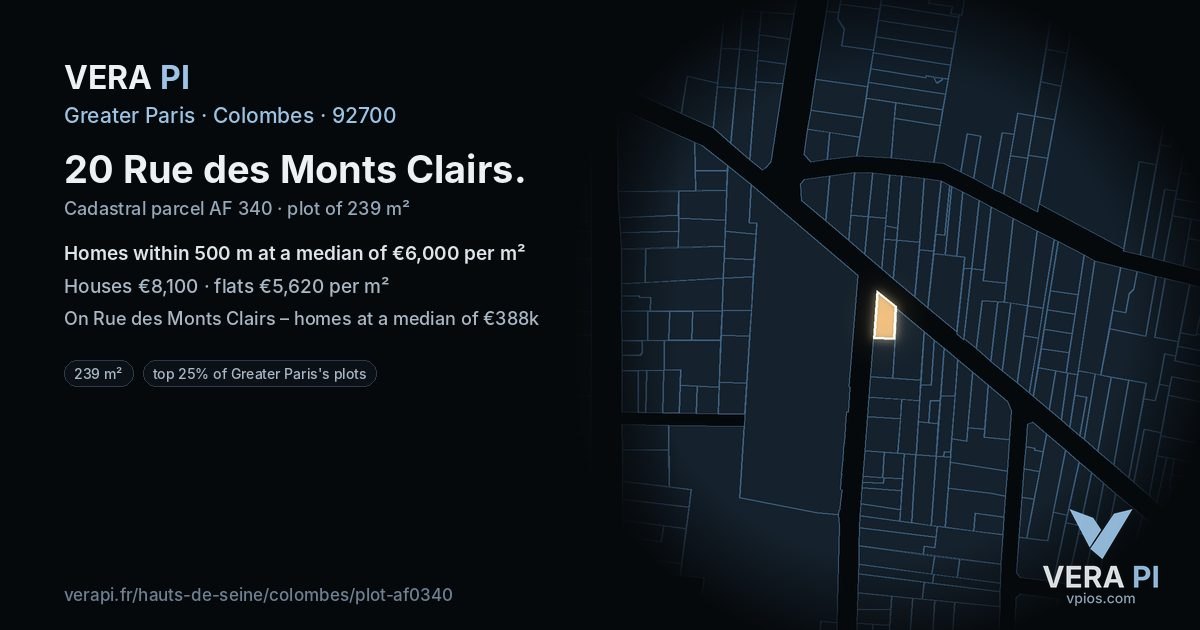 20 Rue des Monts Clairs, Colombes at night – the plot lit, the parcels around coloured by the prices near them