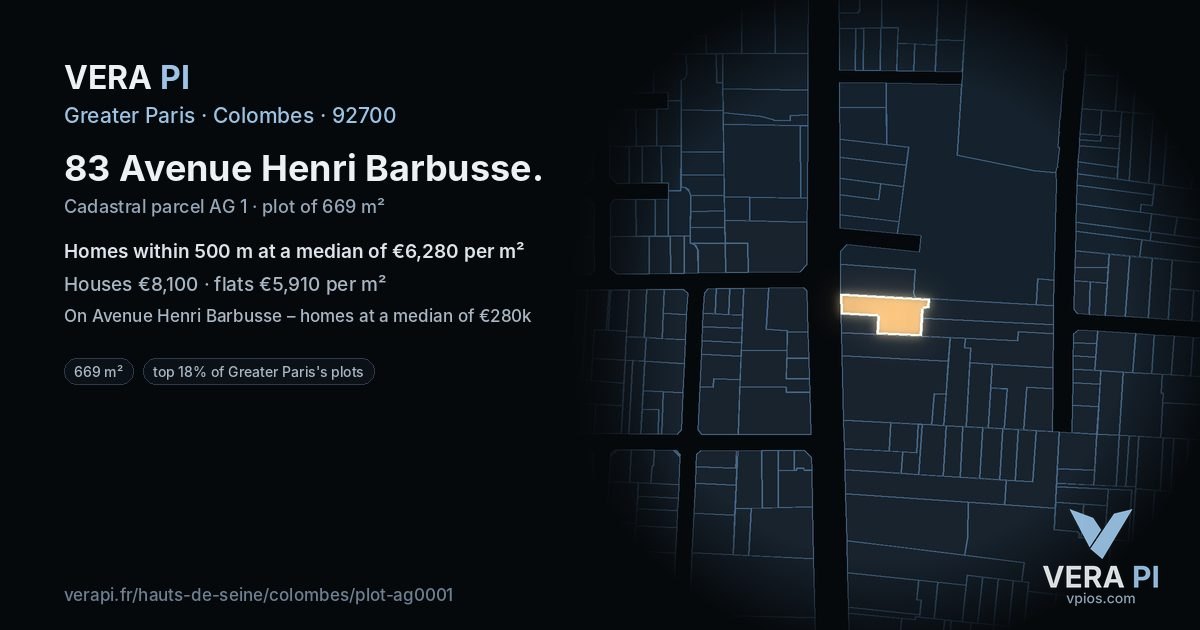 83 Avenue Henri Barbusse, Colombes at night – the plot lit, the parcels around coloured by the prices near them
