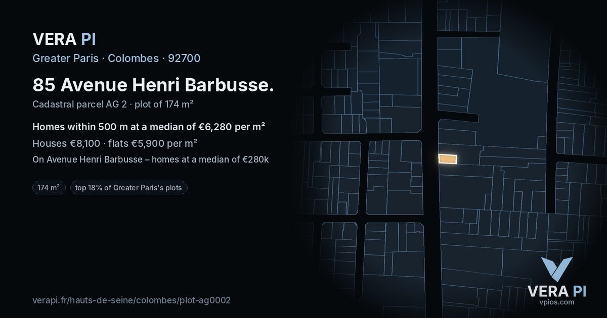 85 Avenue Henri Barbusse, Colombes at night – the plot lit, the parcels around coloured by the prices near them