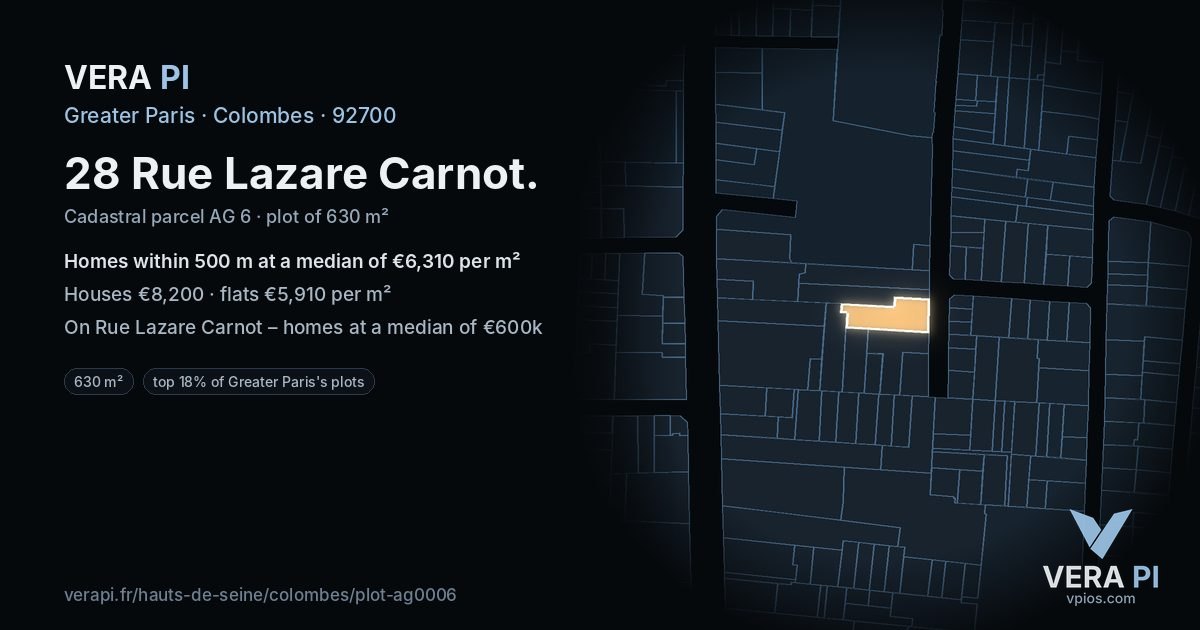 28 Rue Lazare Carnot, Colombes at night – the plot lit, the parcels around coloured by the prices near them