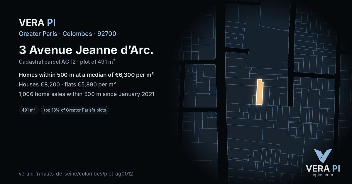 3 Avenue Jeanne d’Arc, Colombes at night – the plot lit, the parcels around coloured by the prices near them