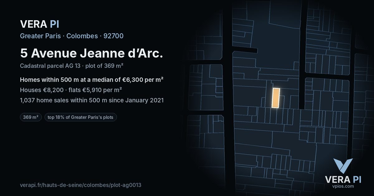 5 Avenue Jeanne d’Arc, Colombes at night – the plot lit, the parcels around coloured by the prices near them