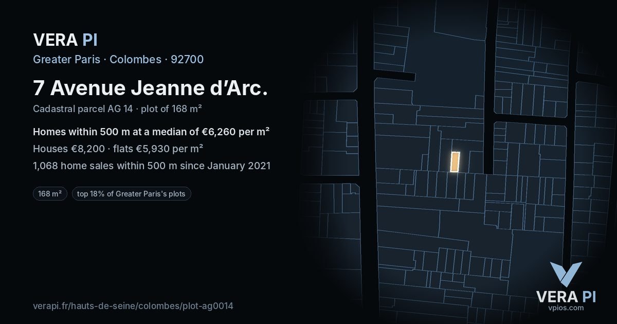 7 Avenue Jeanne d’Arc, Colombes at night – the plot lit, the parcels around coloured by the prices near them
