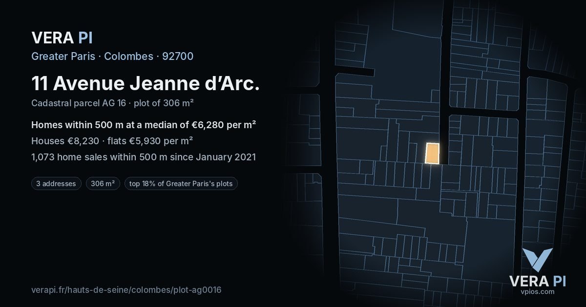 11 Avenue Jeanne d’Arc, Colombes at night – the plot lit, the parcels around coloured by the prices near them
