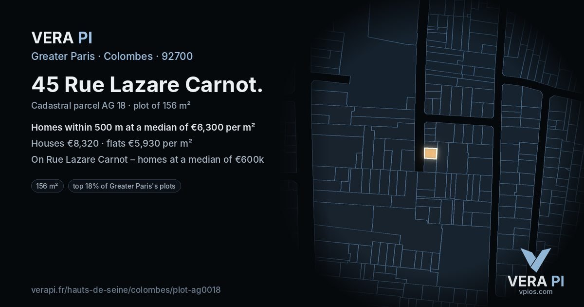 45 Rue Lazare Carnot, Colombes at night – the plot lit, the parcels around coloured by the prices near them