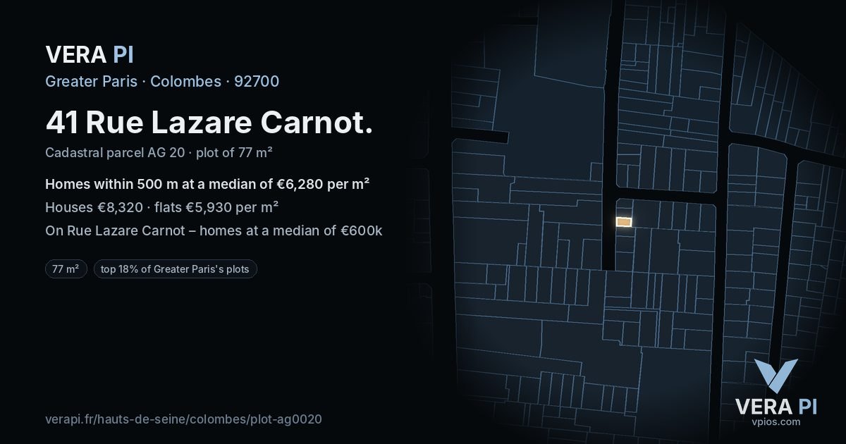 41 Rue Lazare Carnot, Colombes at night – the plot lit, the parcels around coloured by the prices near them