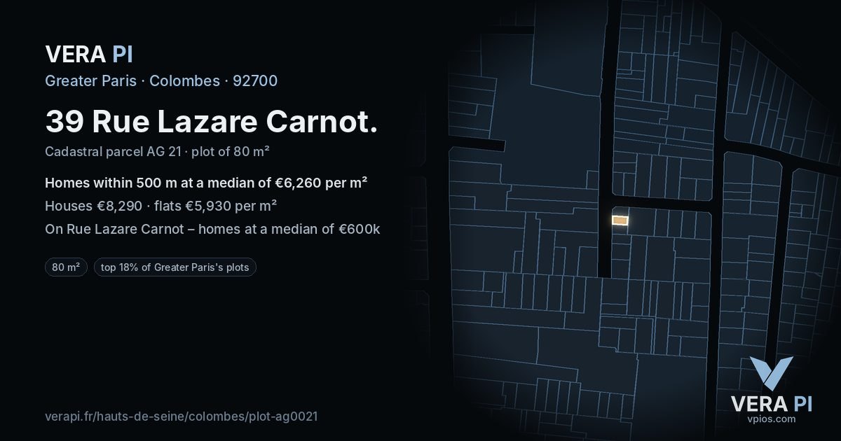 39 Rue Lazare Carnot, Colombes at night – the plot lit, the parcels around coloured by the prices near them
