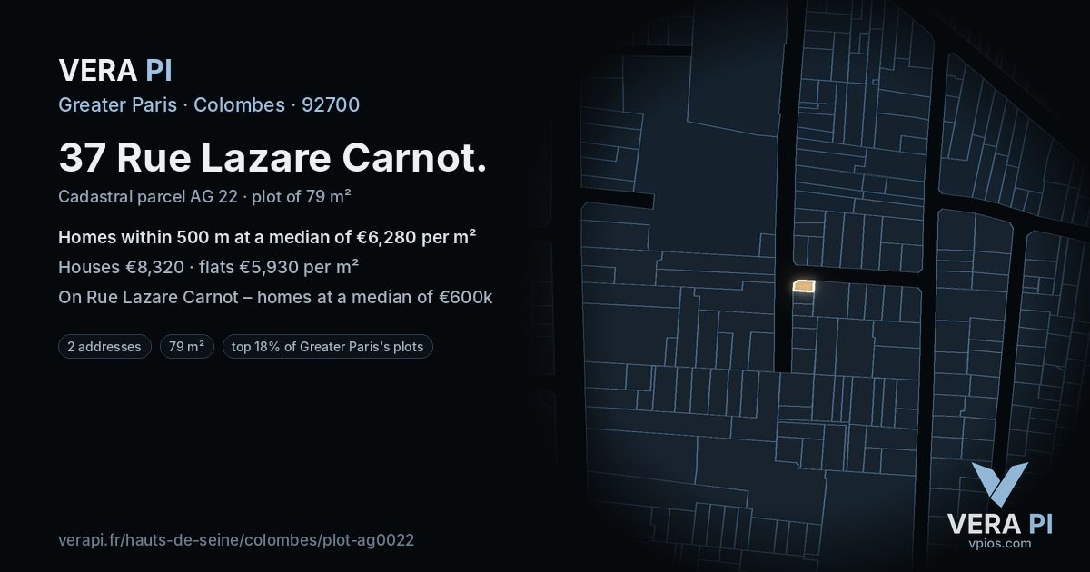 37 Rue Lazare Carnot, Colombes at night – the plot lit, the parcels around coloured by the prices near them