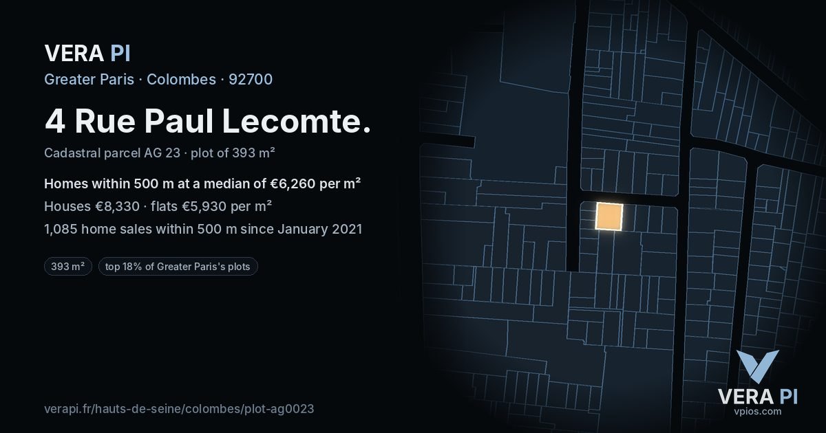 4 Rue Paul Lecomte, Colombes at night – the plot lit, the parcels around coloured by the prices near them