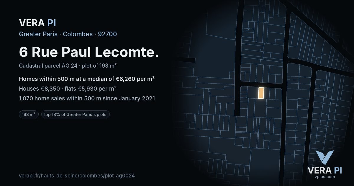 6 Rue Paul Lecomte, Colombes at night – the plot lit, the parcels around coloured by the prices near them