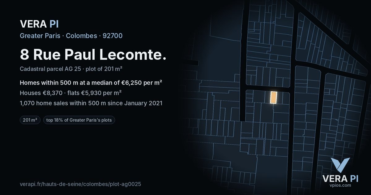 8 Rue Paul Lecomte, Colombes at night – the plot lit, the parcels around coloured by the prices near them