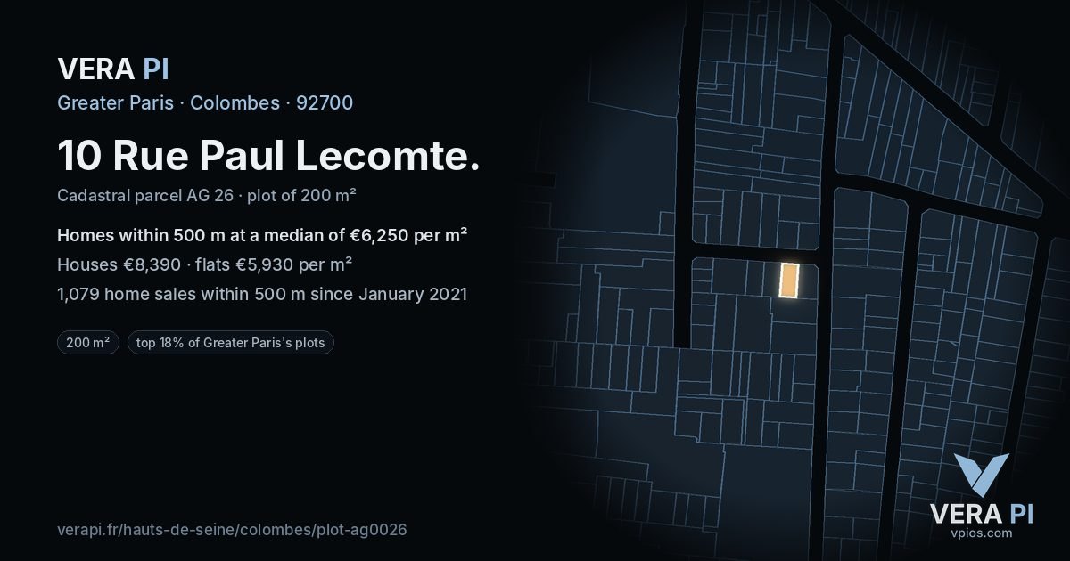 10 Rue Paul Lecomte, Colombes at night – the plot lit, the parcels around coloured by the prices near them